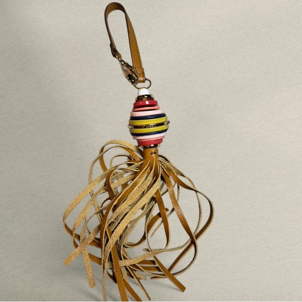Fossil‎ Leather Tassel Bag Charm Multicolor Resin Ring Keychain Boho